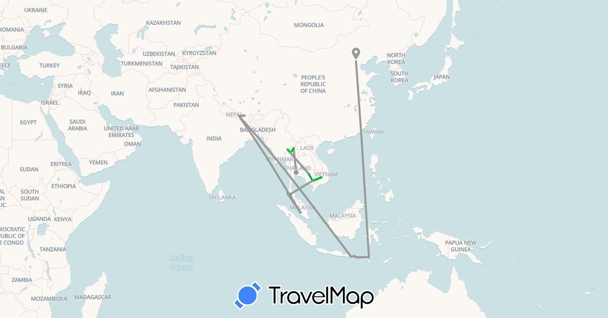 TravelMap itinerary: driving, bus, plane in China, Indonesia, Cambodia, Malaysia, Nepal, Thailand (Asia)
